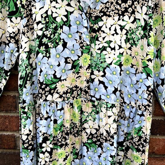 H&M Collared Floral Dress Long Sleeve Black, Blue Prairie Cottage Core Small - Picture 3 of 8